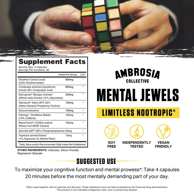 Ambrosia Mental Jewels Nootropic Brain Supplement | Alpha GPC, Bacopa & Phosphatidylserine | Memory, Focus & Concentration Support | 120 Veggie Capsules (30 Day Supply)