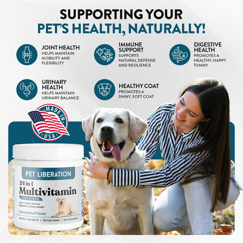 24-in-1 Daily Multivitamin for Dogs – 120 Soft Chews – Hip & Joint Support, Probiotics, Salmon Oil, Cranberry for Urinary Health, Skin & Coat, Immune Support – for All Breeds & Ages