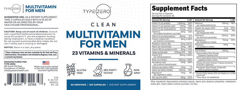 Type Zero Multivitamin Capsules for Men (1200mg) 120 Capsules, Gluten-Free | 23 Vitamins & Minerals, GMO-Free, 60 Servings
