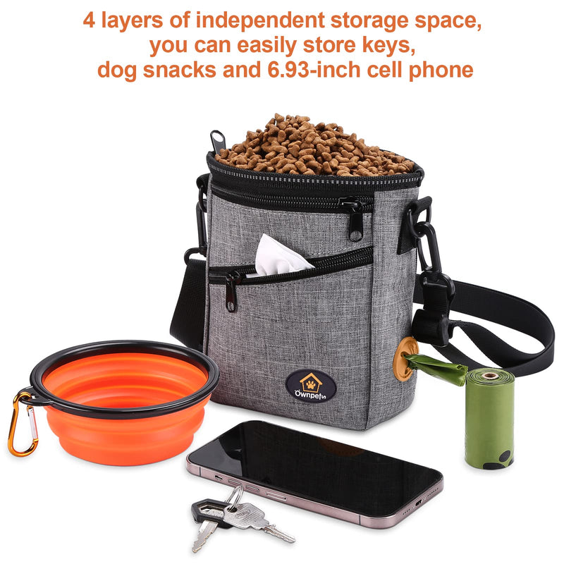 Ownpets Dog Training Pouch, Pet Treat Training Pouch with Collapsible Bowl, Shoulder Strap & Waist Strap, 4 Ways to Wear, Practical Training Bag for Dog Training, Daily Walks - Grey - BeesActive Australia