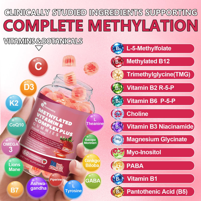 Ultra Methylated Vitamin B Complex Sugar Free Methylation Support Gummies | All B Vitamins + C D3 K2 Ashwagandha Magnesium Omega-3 CoQ10 TMG for Women Men, Methyl B12, L Methyl Folate B1 B2 B3 B5 B6 B7 60 Count (Pack of 1)