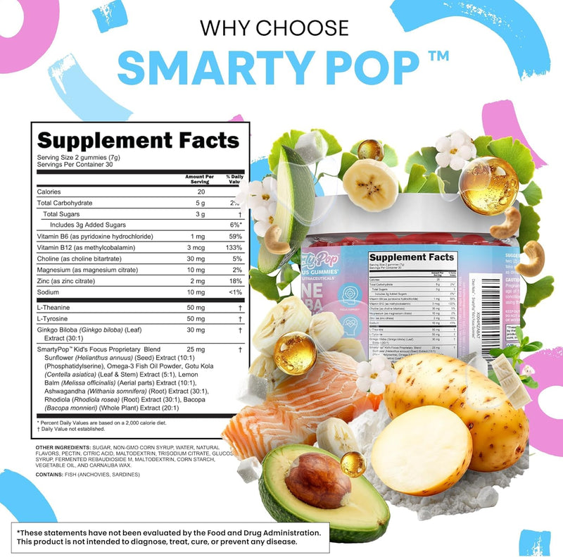Clean Nutra Kids Focus Gummies with L-Theanine, Ginkgo Biloba, Omega-3 Fish Oil, L-Tyrosine, Vitamin B6, B12-60 Count, Clean Label, Non-GMO, Vegan-Friendly SmartyPop Formula for Kids Support