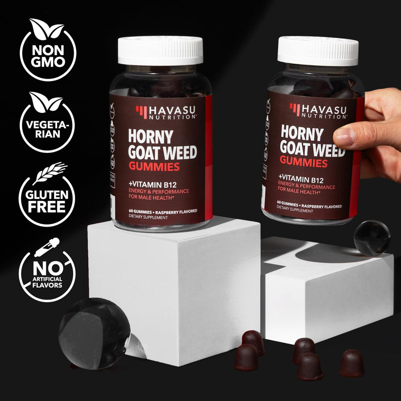 Horny Goat Weed Gummies with Vitamin B12, Raspberry Flavor, 30 Servings | Vegan, Non-GMO Horny Goat Weed Gummies to Support Drive, Vitality and Performance for Men, 60 Count, 1-Month Supply 60 Count (Pack of 1)