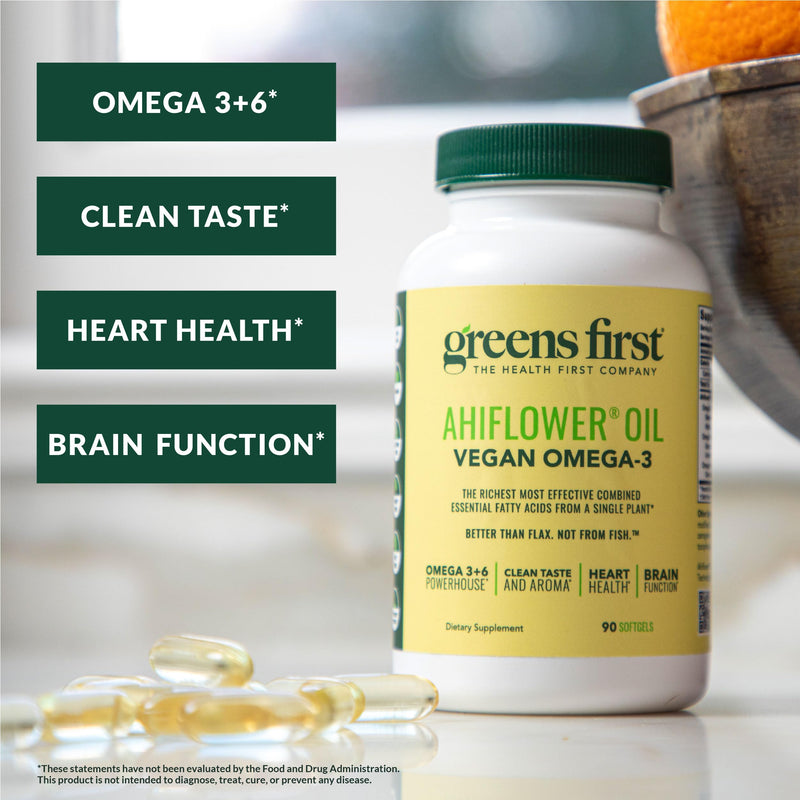 Greens First Ahiflower Oil Plant-Based Omega-3 Supplement, 90 Softgels | Vegan Omega-3, Supports Brain, Immune, Joint & Heart Health, Essential Fatty Acids, Gluten-Free/Dairy-Free/Soy-Free