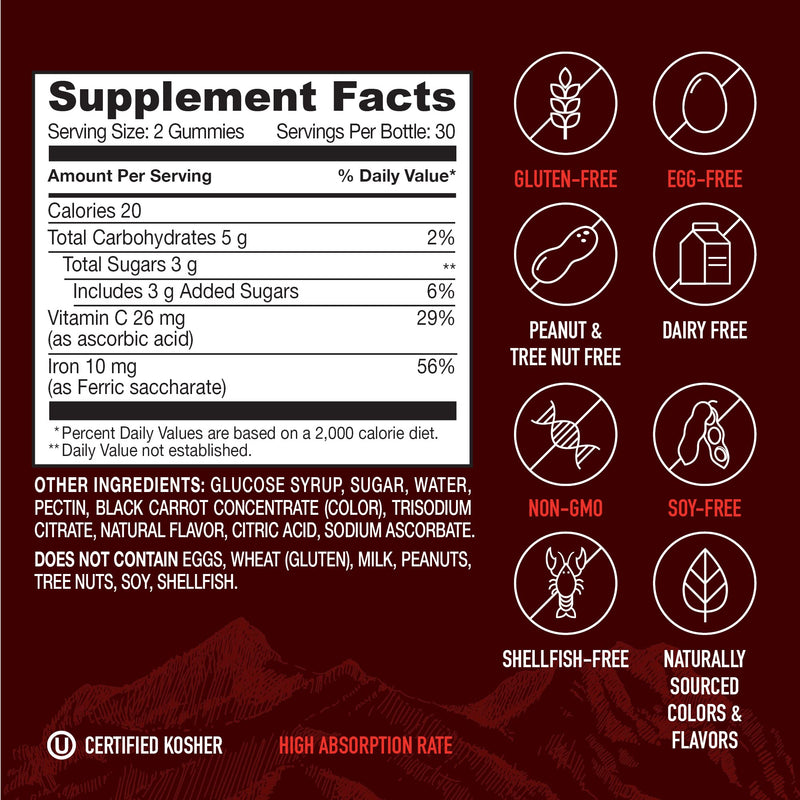 YUM-V'S Strong Earth Iron with Vitamin C Gummies (60 Count) - Iron Supplements with Vitamin C Gummy - Blood Builder Anemia FE Iron Gummies, Iron Supplement for Women and Men 60 Count (Pack of 1)
