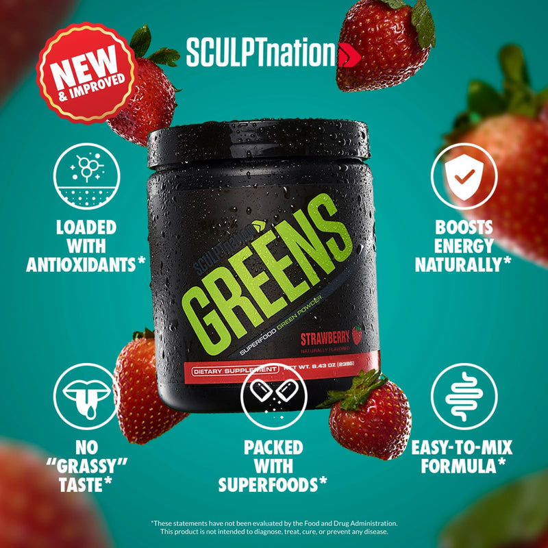 Sculpt Nation by V Shred Greens Strawberry - Premium Greens Powder & Superfood Blend with Collagen to Support Skin, Digestion, and Energy - 30-Day Supply - BeesActive Australia
