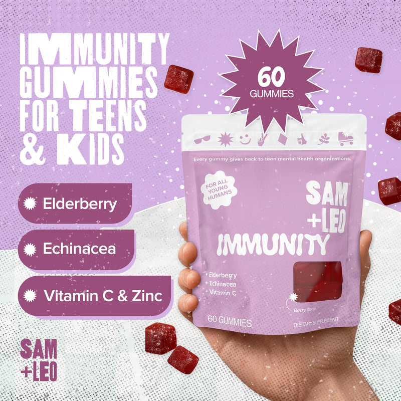 SAM+LEO Immunity Gummies for Kids & Teens, Elderberry & Zinc, Berry, 60ct | Elderberry, Echinacea, Zinc & Vitamin C, vegan, gluten-free antioxidant immune support gummies, berry, ages 4 and up