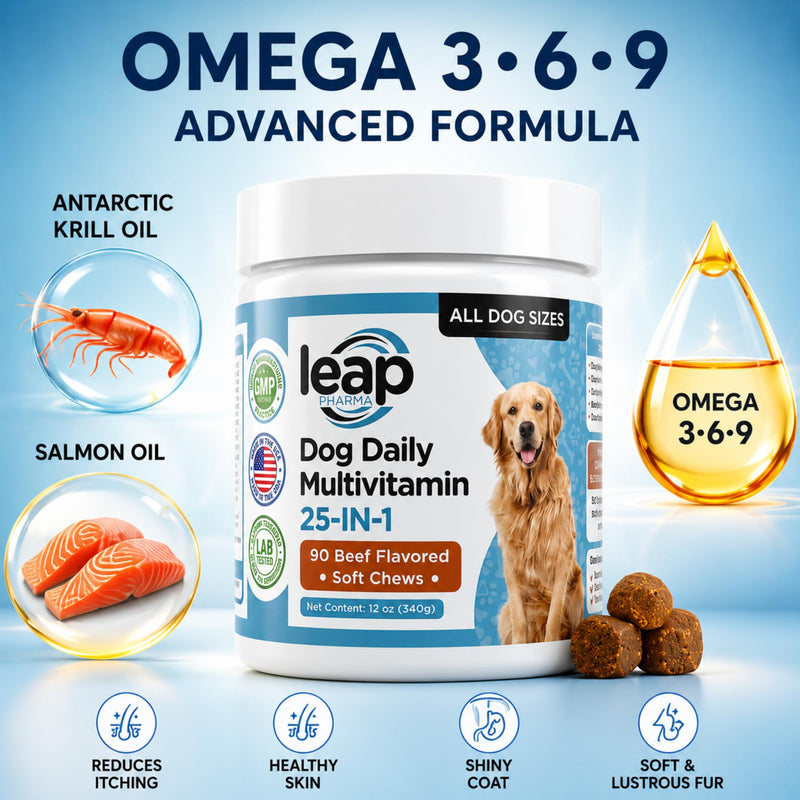 Multivitamins &Supplements for Dogs - Krill Oil, Omega 3,6,9, pre&probiotics, Essential Vitamins, for Hip & Joints, Skin &Coat,Digestive, Immunity Support (90 Chews)