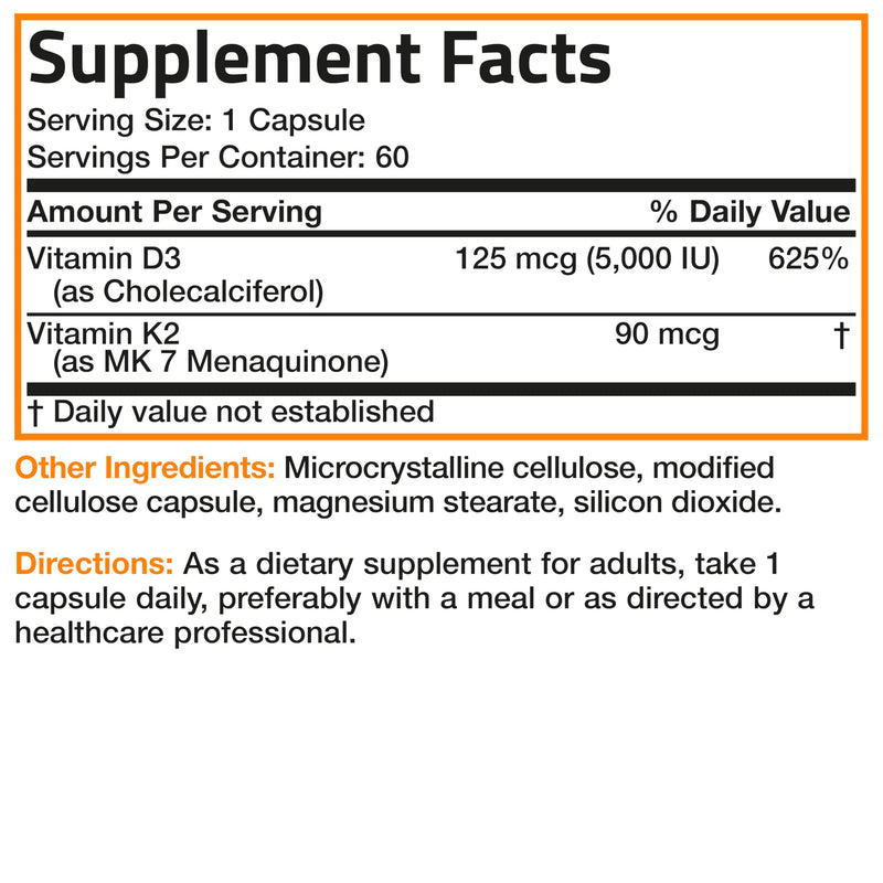 Bronson Vitamin K2 D3 (MK7) Supplement 2-in1 D3 & K2 Complex, 60 Capsules | Bone, Immune & Heart Health Support, Gluten Free, Soy Free, Non-GMO, Vitamin D3 5000IU (125 mcg) & 90 mcg K2 MK-7 60 Count (Pack of 1)