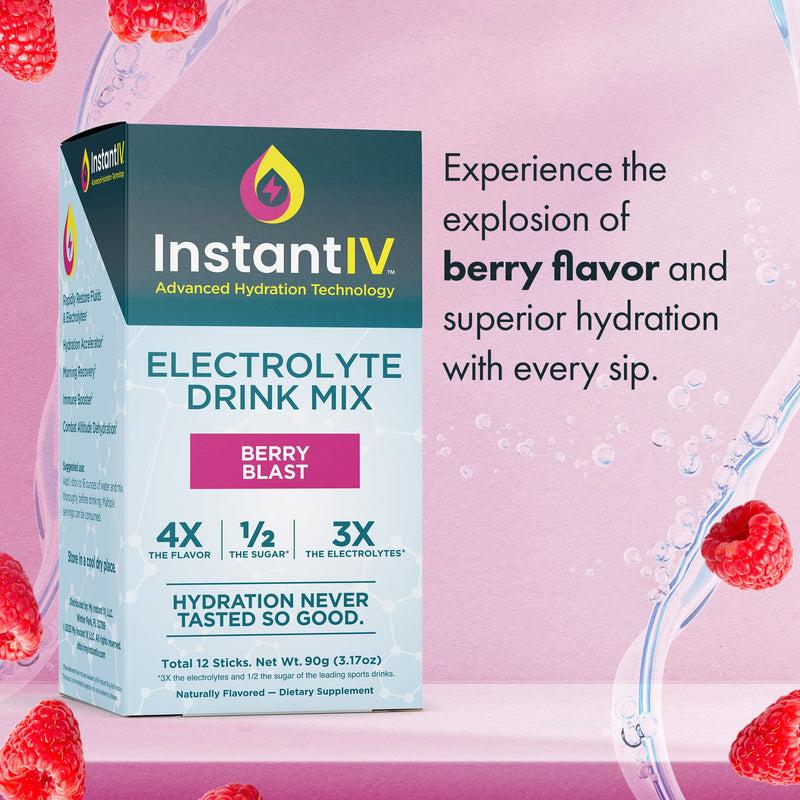 Electrolytes Powder - 3X Electrolytes,1/2 Sugar with Vitamin C, B3, B6, Electrolytes Powder Packets for Hydration, Recovery & Immunity, Vegan & Gluten Free | Berry Blast - 12 Packets 5.25 Pound (Pack of 1)