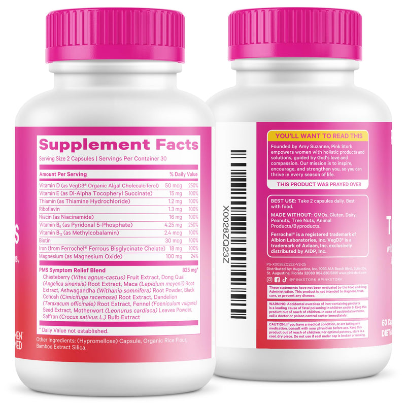 Pink Stork PMS Supplement for Women, Hormone Balance Support, 60 Count | Vitex, Ashwagandha, Maca Root, 10 Vitamins & Minerals, Support PMS Comfort, Mood, Bloating, Period Regularity