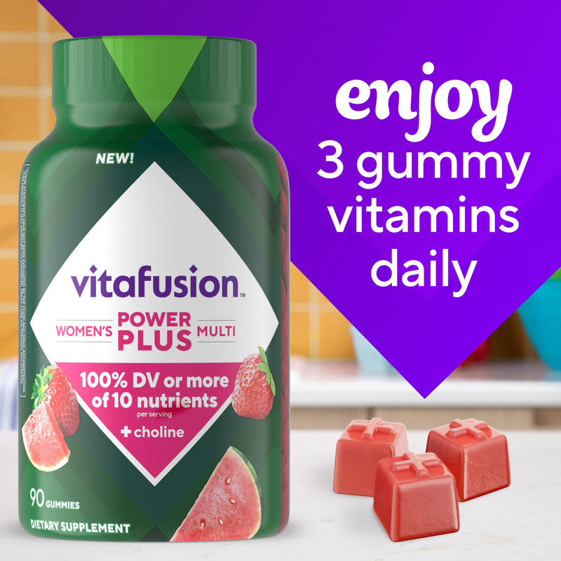 Vitafusion Power Plus Women's Multivitamin Gummy | 90 Adult Gummies | Vitamins with Choline | Strawberry Watermelon Flavor | Gluten-Free Supplement 90 Count (Pack of 1) Power+ Women's Multivitamins