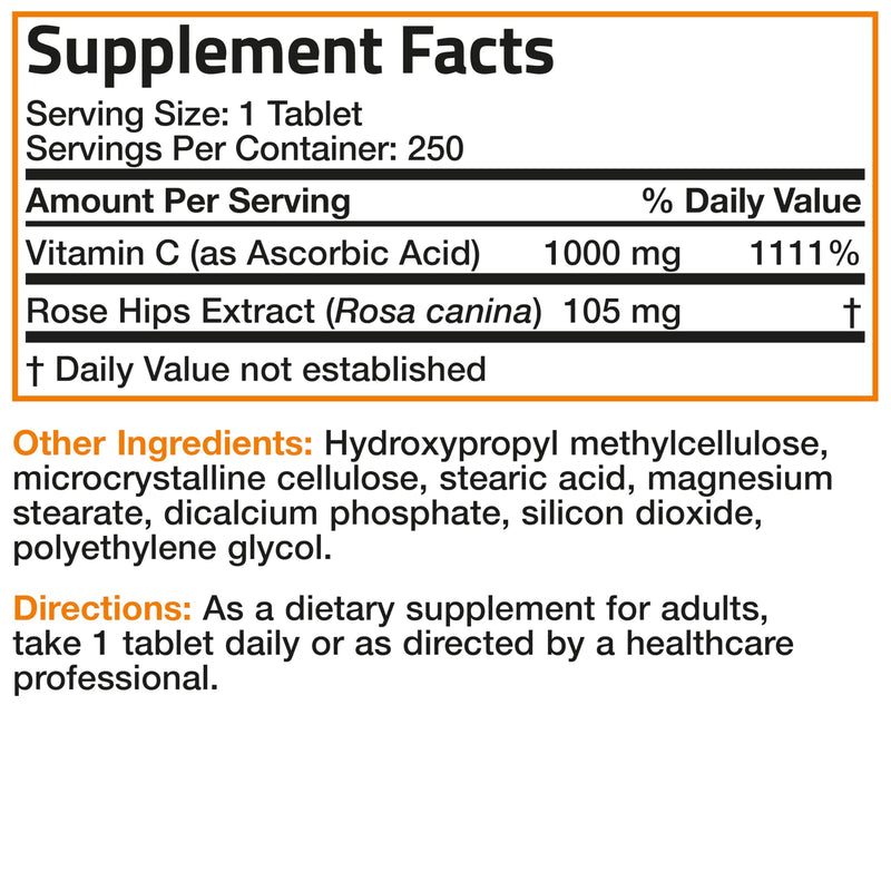 Bronson Vitamin C 1000 mg with Rose Hips Sustained Release, 250 Tablets