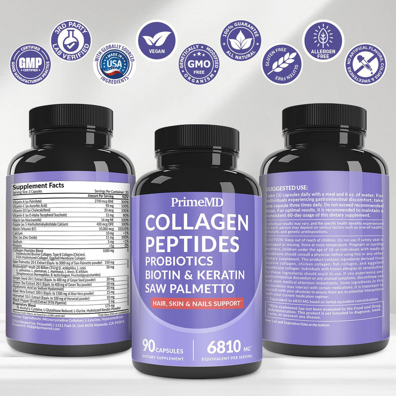 27-in-1 Hair Skin and Nails Vitamins (6810mg) with Biotin 10000mcg - Collagen Supplements for Men and Women - Keratin Supplements with Probiotics and Saw Palmetto, 90ct | Hair, Skin and Nails Support, Biotin, Collagen and Keratin with Saw Palmetto, Bea...