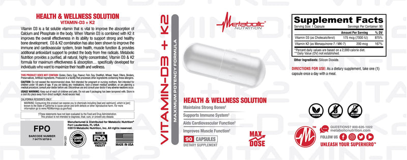 Metabolic Nutrition Vitamin D3 + K2, Bone and Heart Health Formula, Immune Support, 90 Veggie Caps 7000IU per Capsule Max Dose 90 Count (Pack of 1)