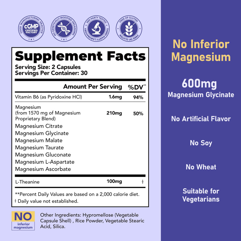Magnesium 7 Complex for Women with 600mg Glycinate, 60 Capsules | 1600mg Blend with L-Theanine and Vitamin B6 for Sleep Support, Relaxation and Muscle Recovery, 30-Day Supply 60 Count (Pack of 1)