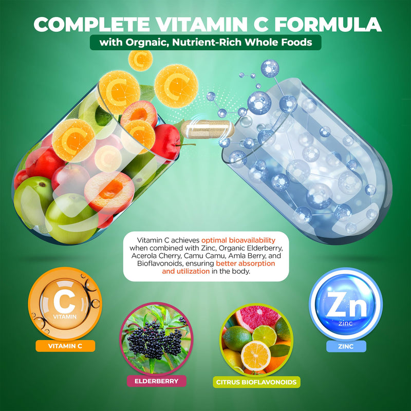 Liposomal Vitamin C with Zinc Capsules - Vit C Organic Elderberry, Amla, Camu Camu- Vitamina C High Absorption, Anti Aging, Immune Support,1500mg/Serving 3 Month Supply Gluten Free NON GMO Veggie Caps