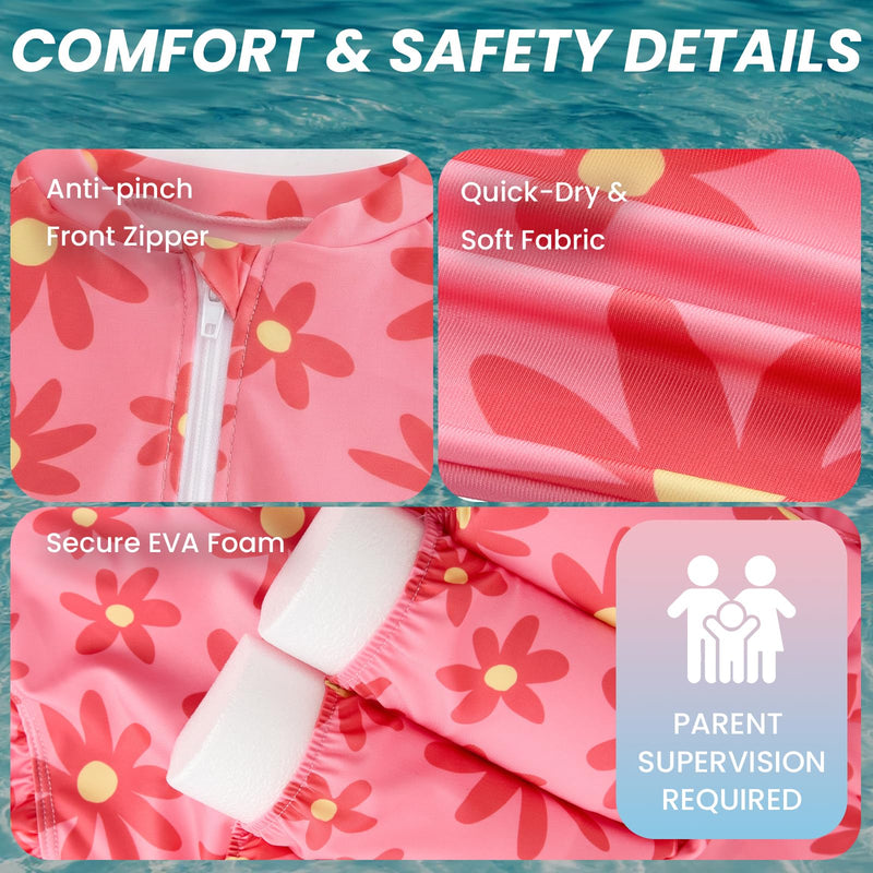Toddler Swimsuit with Floatation, Baby Girls Long Sleeve Floating Bathing Suit Swim Suit for Summer Beach 4-5T Pink