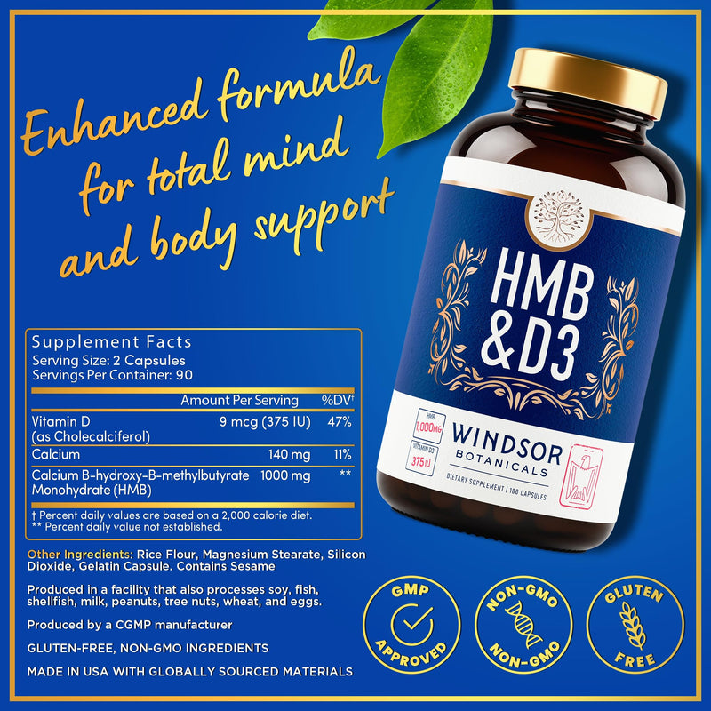 HMB and Vitamin D3 Supplement - B-Hydroxy B-Methylbutyrate 1,000 MG HMB Supplements for Men and Women Plus Calcium, Vitamin D 3 - Muscle Growth, Strength, Performance, Recovery - 90 Days, 180 Caps. 3 Months - 180 Capsules