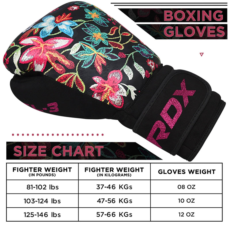 RDX Women Boxing Gloves for Training Muay Thai Flora Skin Ladies Mitts for Sparring, Fighting Kickboxing Good for Punch Bag, Focus Pads and Double End Ball Punching Black 10 oz - BeesActive Australia
