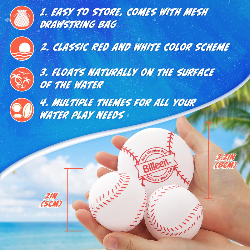 Billeeit 4Pcs Water Skipping Balls for Pool Play(Baseball Theme), Water Pool Beach Swim Toys for Kids Ages 4-8, 8-12 and Adults, Include 2 Balls and 2 Discs