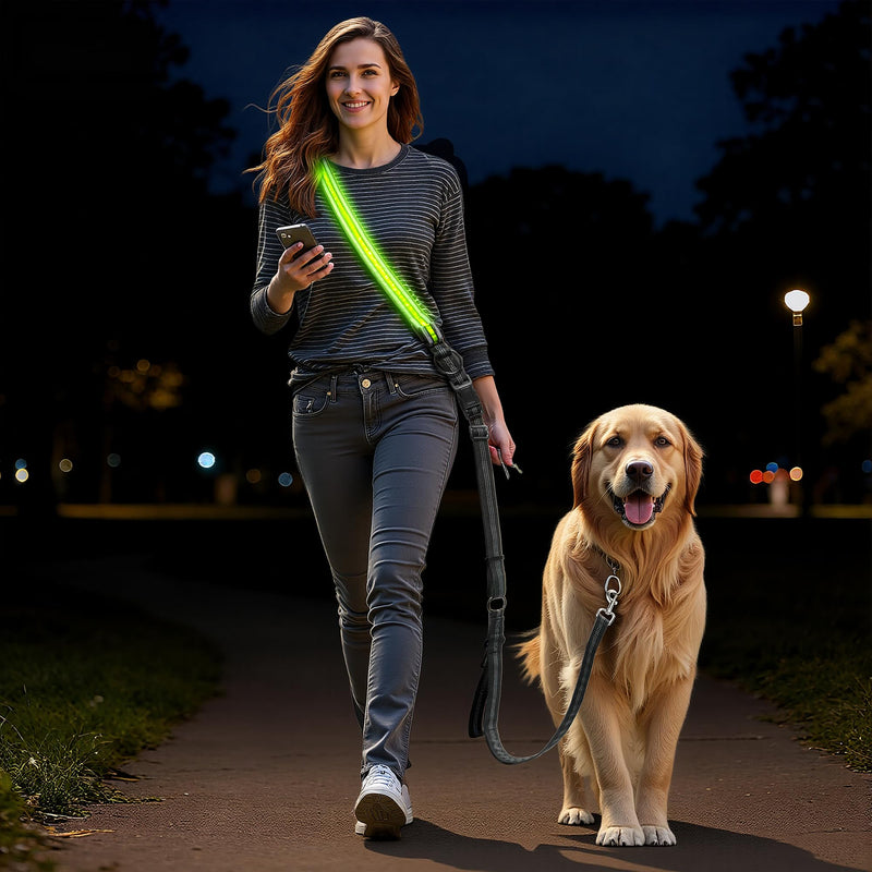 Hands-Free Dog Leash - LED Light Up Rechargeable & Jogging with Car Seat Belt for Small to Large Dogs - Adjustable Crossbody/Waist Dog Leash for Night Walking Running, Training, Hiking (2.6 m) - BeesActive Australia