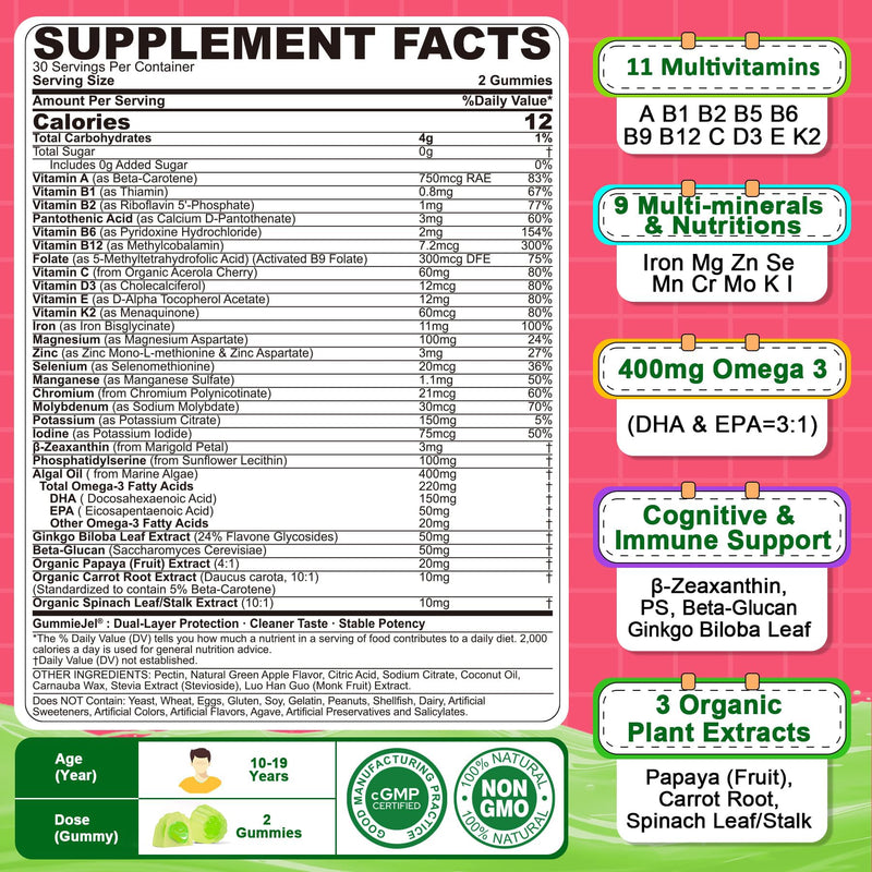 Nextdia Multivitamin Gummies with Iron for Teen Boys Girls 12-17, Kids/Children & Teenagers Ages 10–19 Vitamins w/Omega 3, Magnesium + Zinc, Multi-Minerals for Adolescent Brain, Bone, Energy, Immune