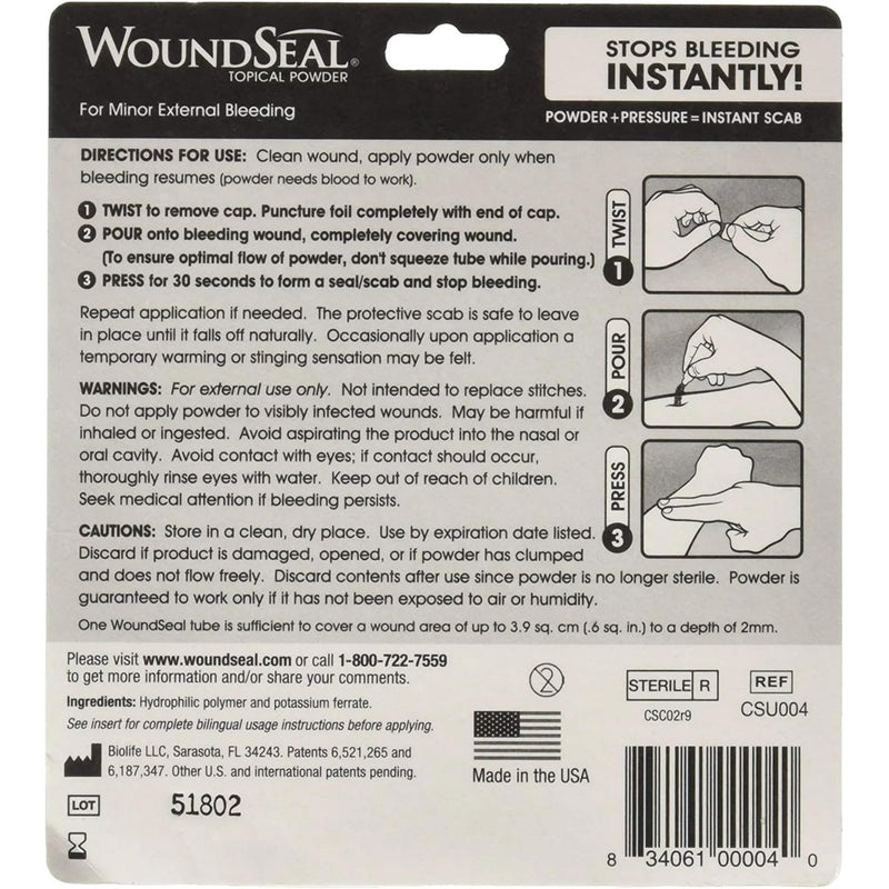 WoundSeal Powder 4 Each (Pack of 2) - Wound Care First Aid for Cuts, Scrapes and Abrasions - Stops Bleeding in Seconds Without Stitches or Bandages - Safe and Effective for People of All Ages and Pets - BeesActive Australia