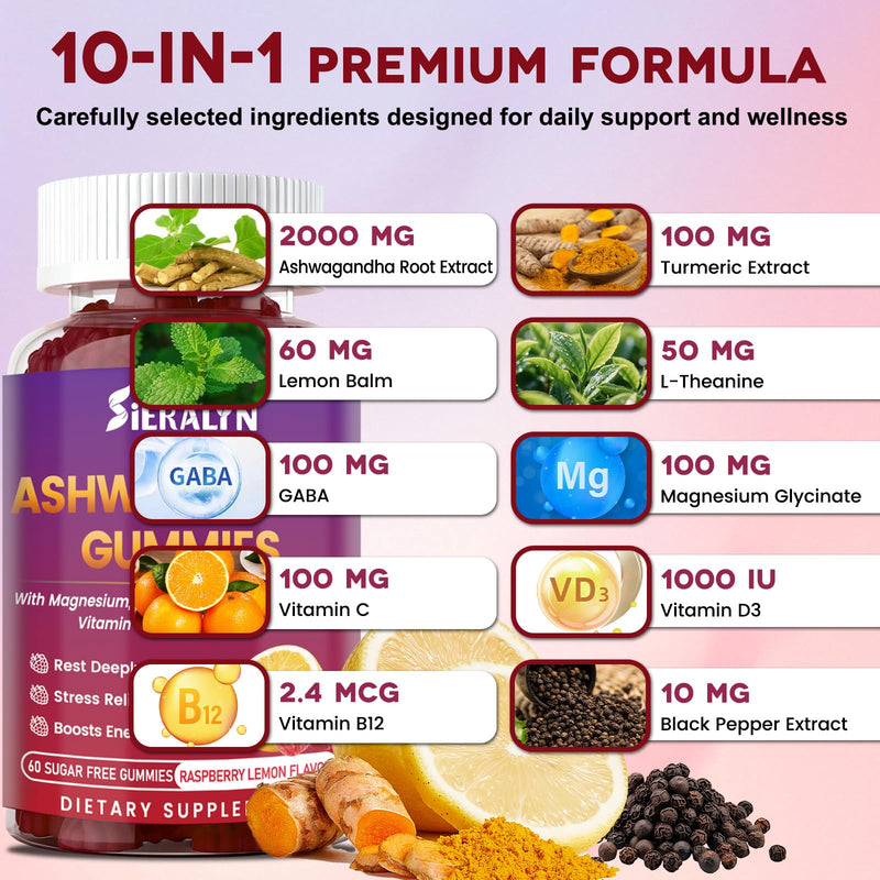 Ashwagandha Gummies Supplements 2000mg for Women Men, Vegan, Sugar-Free | Organic Ashwagandha Root Extract with D3, L-Theanine for Calm & Relax, Non-GMO, Gluten Free, 60 Count, 30-Day Supply 60 Count (Pack of 1)