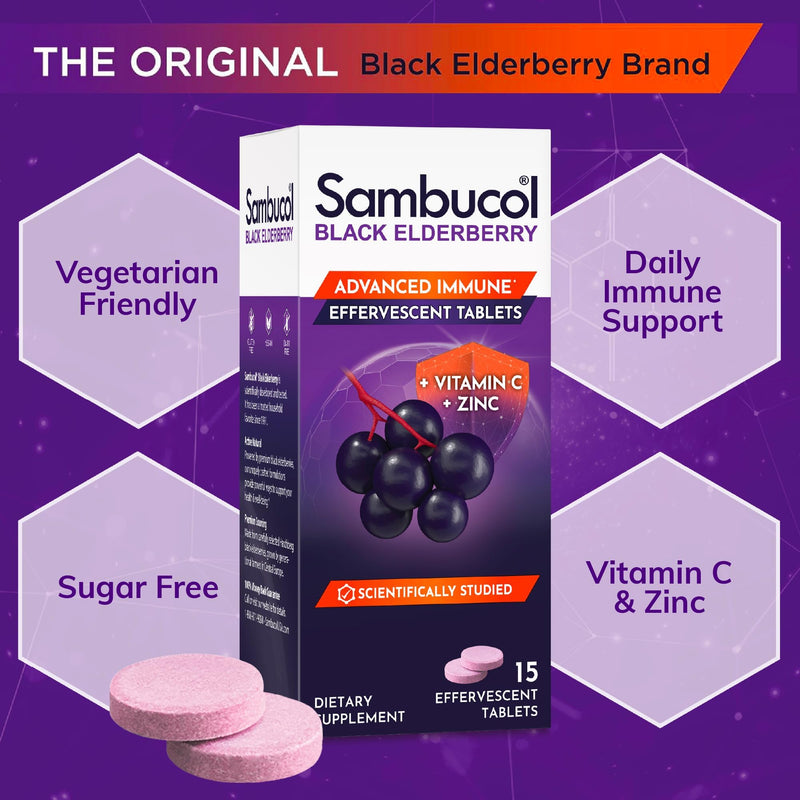 Sambucol Black Elderberry Effervescent Tablets, Quick Dissolve - 15 Count | Elderberry Dissolvable Tablets with Zinc and Vitamin C for Adults, No Artificial Flavors 15 Count (Pack of 1)