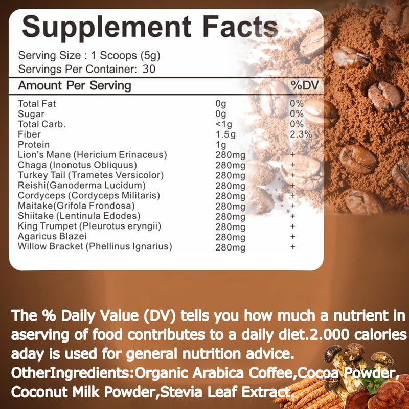 Mushroom Coffee, 10 Mushroom Extract Powder Blend Lion's Mane, Reishi, Chaga, Cordyceps, Turkey Tail, Brain Supplements with Instant Coffee for Energy, Focus, Memory and Immunity 150g mushroom coffee 5.3 Ounce (Pack of 1)