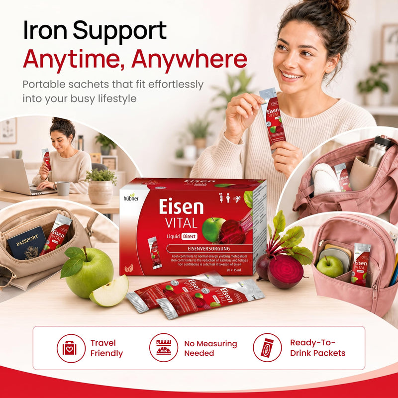 hübner Iron Vital Liquid Iron Supply Plus Vitamin C, Dietary Supplement for Adults and Kids, Vegan and Gluten-Free, Fruit Flavor, Box of 20 Packets, 10 ml Each