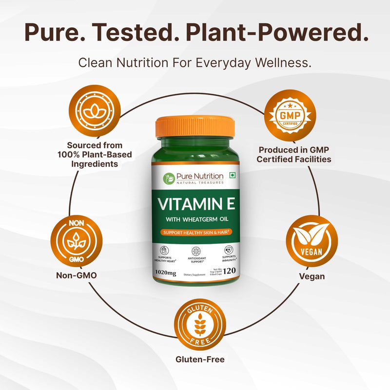 Pure Nutrition Vitamin E with Wheatgerm Oil, 1020mg |120 Caps | Natural Source of Vitamin E | Hair and Skin Supplement | Non GMO 120 Count (Pack of 1)