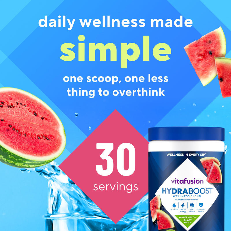 Vitafusion Hydraboost Hydration Drink Mix, Electrolytes Support Daily Hydration, Vitamins Support Cellular Energy & Immune Health, Prebiotic Fiber Supports Gut Health, Watermelon Blast, 30 Servings