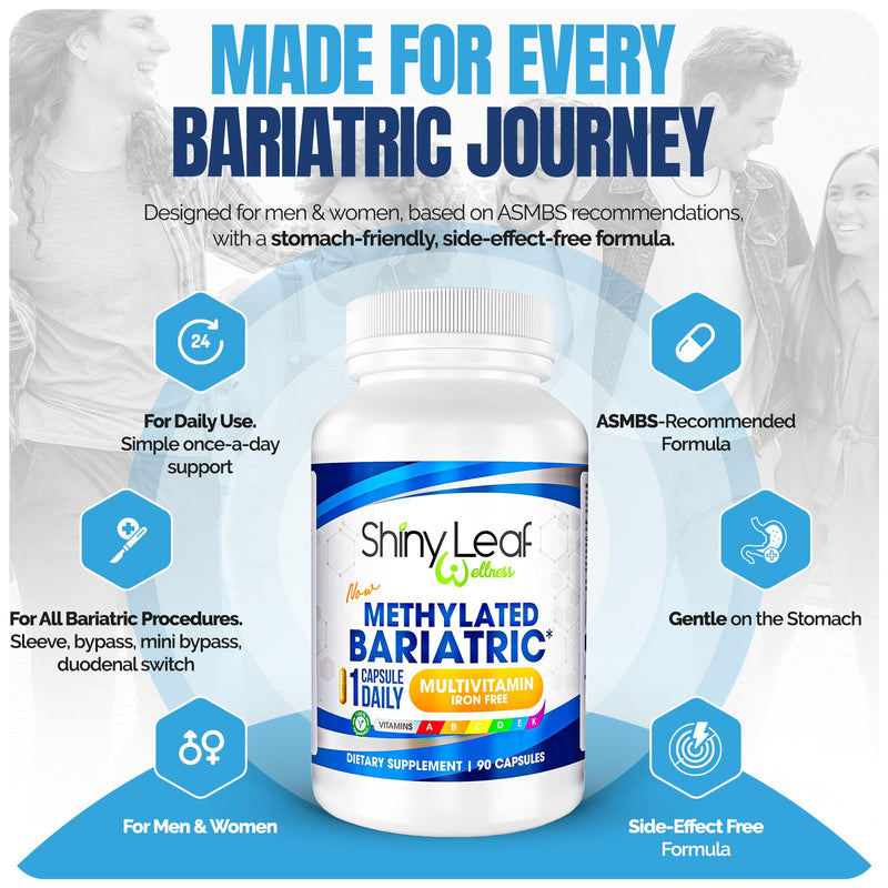 Shiny Leaf Bariatric Multivitamin Without Iron, Methylated B12, 90 Count | Iron-free, methylated folate and B12, plus A, C, D, K. Vegetarian, soy-free 90 Count (Pack of 1)
