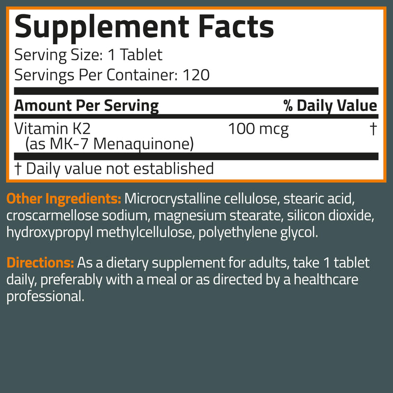 Bronson Vitamin K2 MK-7 100 MCG, K2 as MK7 Menaquinone, Bone Support Non-GMO, 120 Tablets Unflavored 120 Count (Pack of 1) - BeesActive Australia