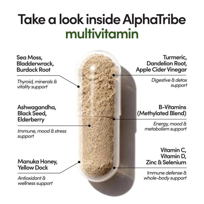 Alpha Tribe Multivitamin for Men with Seamoss Black Seed Oil Ashwagandha Burdock Root, Turmeric Bladderwrack, Vitamin C, Elderberry, Manuka, Yellow Dock | Daily Men's Vitamins and Minerals Supplement 60 Count (Pack of 1)