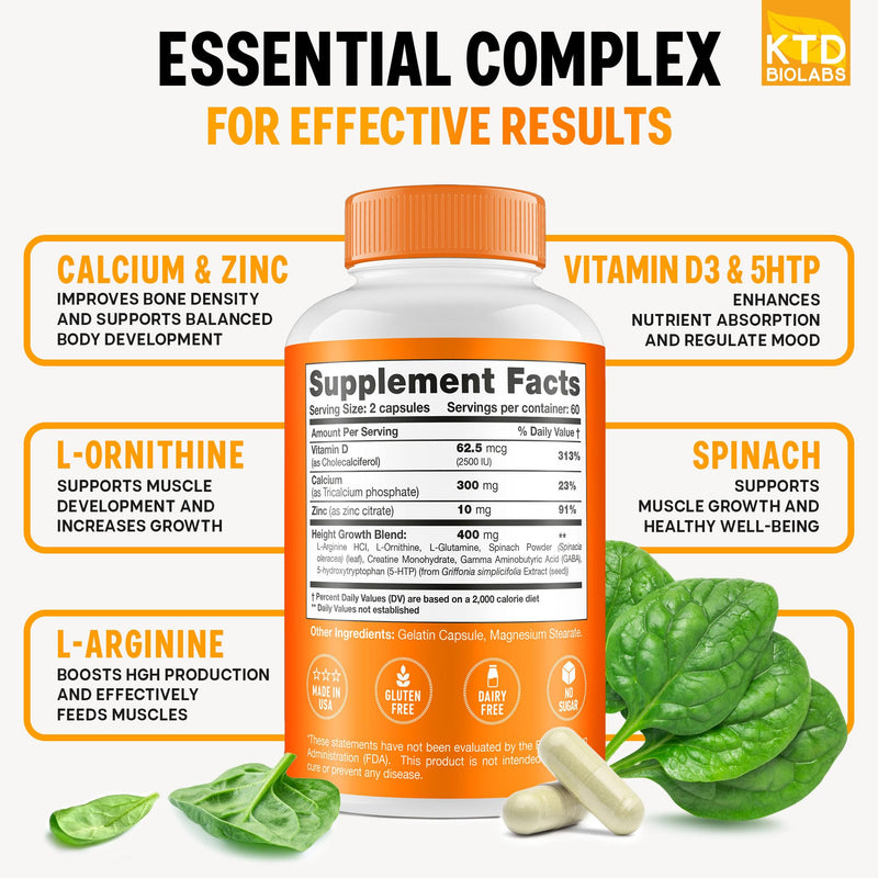 Kids Height Growth Support Capsules – Extended Supply Development Formula with Calcium, Vitamin D3 & Zinc – Bone & Nutrition Support for Kids & Teens – Amino Blend – 120 Capsules 120 Count (Pack of 1)