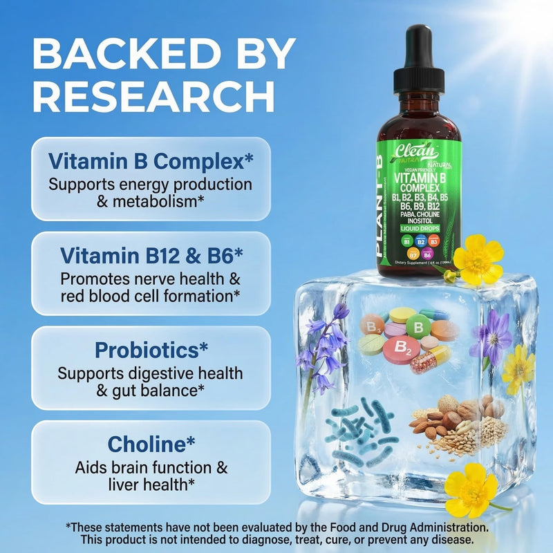 Vitamin B Complex Liquid Drops | Thiamine B1, B6, B2, B3, B4, B5, B7 B9, B12, Niacinamide, Paba, Choline Inositol Taurine Probiotics Beet Root Spirulina - Plant-B Vitamin Supplements by Clean Nutra 1