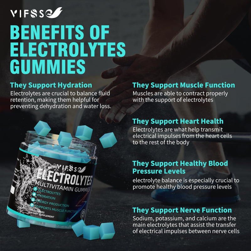 VIFSSG Electrolytes Gummies No Sugar, 120 Chewable Electrolyte Gummies with 6 Electrolytes for Runners and Endurance Sports, Refreshing Blue Raspberry, Hydration Electrolyte Chews, 1 Pack 120 Count (Pack of 1)