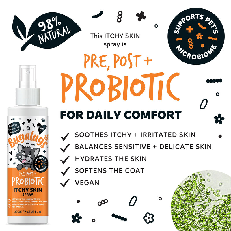 Bugalugs Probiotic Cat Spray for itchy skin. Leave in spray to condition, nourish and hydrate skin and coat. Professional cat cleaning and grooming formula
