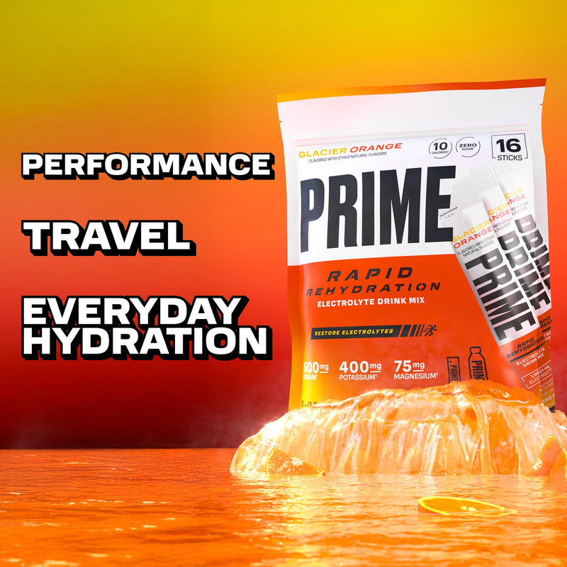 PRIME Rapid Rehydration Electrolyte Powder Sticks, Glacier Orange, Sugar Free Hydration Drink Mix with Sodium, Potassium, Magnesium & B Vitamins to Replenish Fluids, Caffeine Free, 16 Count