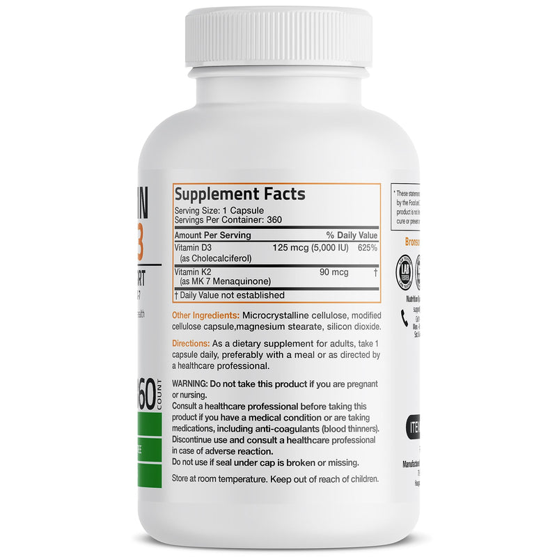 Bronson Vitamin K2 D3 (MK7) Supplement 2-in1 D3 & K2 Complex, 360 Capsules | Bone, Immune & Heart Health Support, Gluten Free, Soy Free, Non-GMO, Vitamin D3 5000IU (125 mcg) & 90 mcg K2 MK-7 360 Count (Pack of 1)