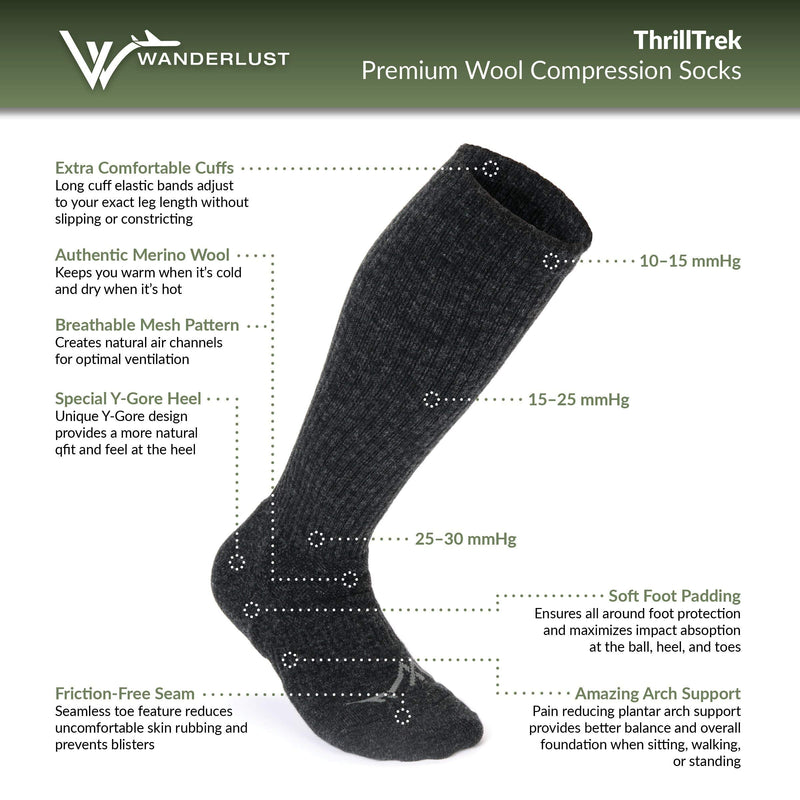 Wanderlust Knee-High Merino Wool Compression Socks For Men and Women Charcoal Large