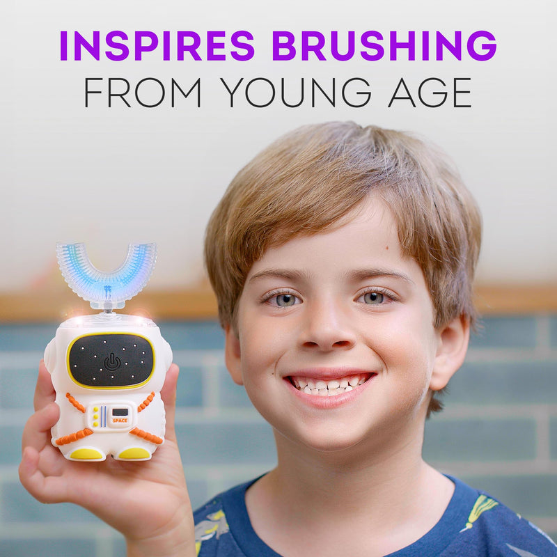 Sensory 360 Round U-Shaped Astronaut Design Mouthguard Electric Toothbrush for Kids Ages 2-7 - Automatic Memory Function - 5 Modes Toothbrush with Multiple Heads – Kids Travel Essentials (White) White