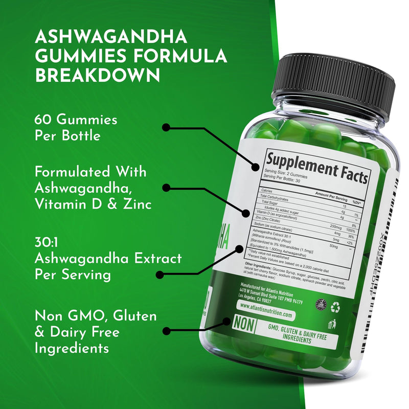 Atlantis Nutrition Ashwagandha Gummies - Ashwagandha Extract 30:1 - Promotes Calmness, Improves Mood, Boosts Energy Levels & Strengthens Immune System - Formulated w/Vitamin D & Zinc - Vegan | 60 Ct