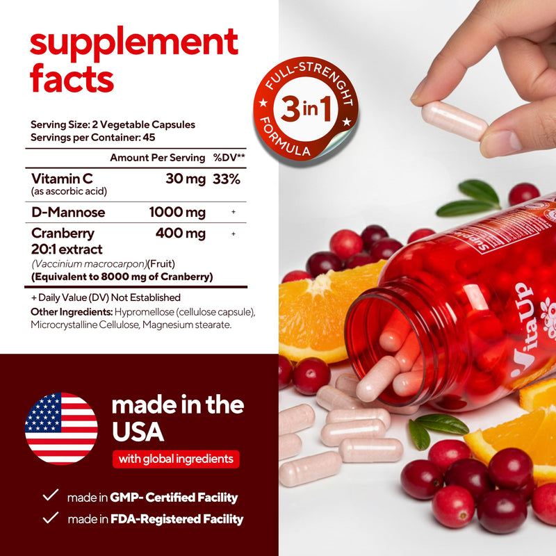 VitaUp D-Mannose Supplements for Women – USA Made D-Mannose with Cranberry & Vitamin C – Cranberry Pills for Women for Urinary Tract & Bladder, Immune Support – 90 Vegan Capsules 90 Count (Pack of 1)