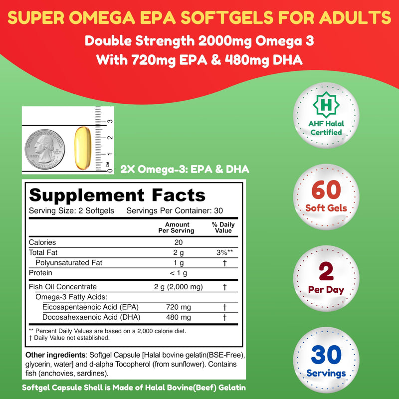 SHIFAA NUTRITION Halal Fish Oil Softgels 60 Ct, Double Strength - Halal Omega 3 Fish Oil Supplements. Wild Caught, Non-GMO & Purified 1 Count (Pack of 60)