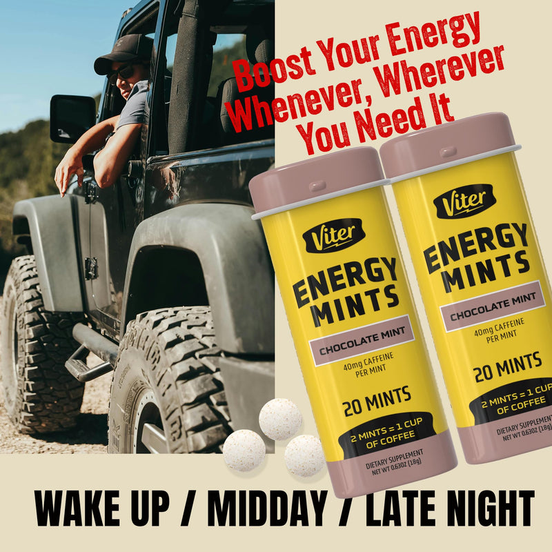 Viter Energy Caffeinated Mints 40mg Caffeine, B Vitamins, Sugar Free. (Chocolate Mint, 20pcs, 6 Pack)