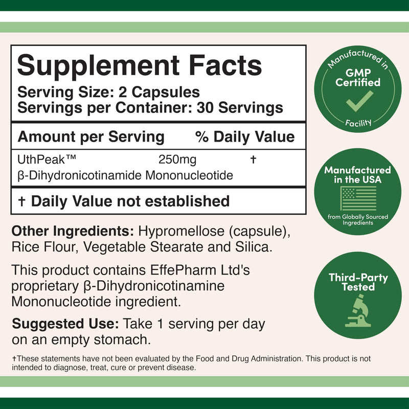 NMNH 250mg Reduced NMN, Cellular Energy + NAD+ Support, 60 Capsules | Cellular Energy + NAD+ Supplement, Novel Higher-Potency Precursor, Skin + Cognitive Wellness, Clean Energy, Made in USA 60 Count (Pack of 1)